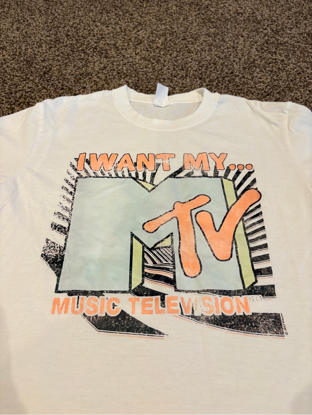 Vintage MTV "I Want My MTV" Graphic Tee - White with Pastel & Neon Print